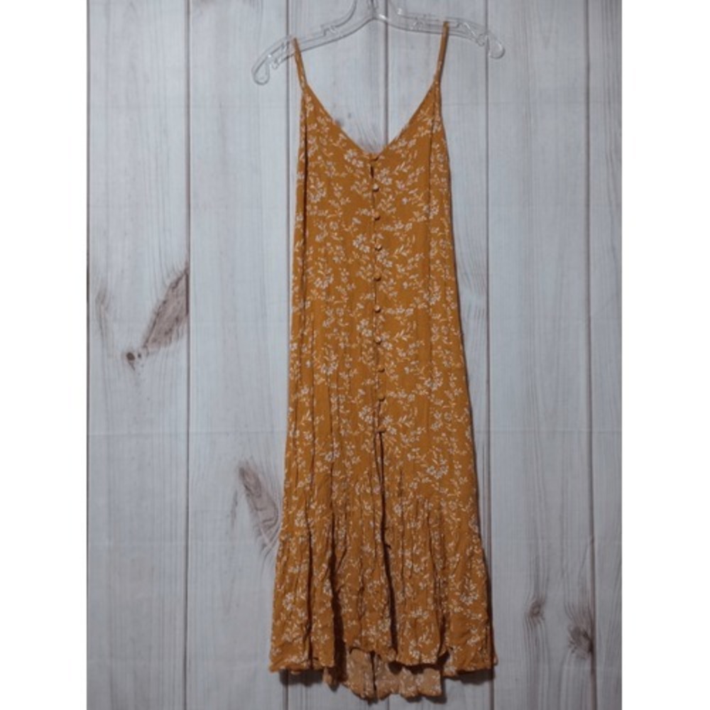 Lulus Mustard Yellow Floral Midi Dress Small Button Front Tie Back Summer Boho